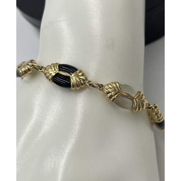 Swarovski Signed Vintage Swan Gold Tone Jet Black and Clear Lucite Bracelet - Picture 8 of 15
